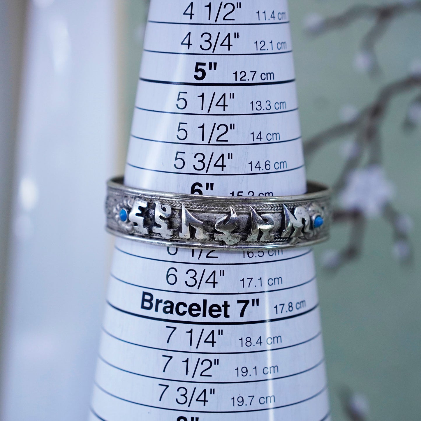 6”, Israel Sterling silver bracelet, handmade 925 cuff Hebrew words turquoise