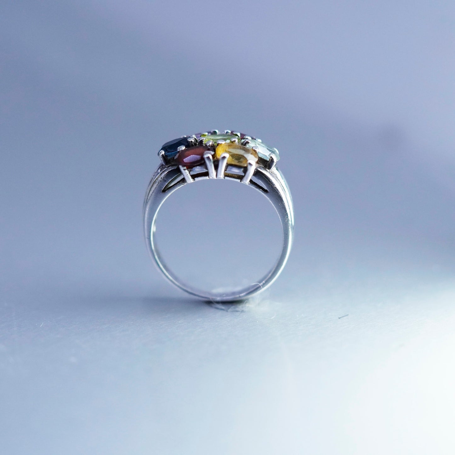 Size 9, Sterling 925 silver handmade ring w/ amethyst peridot citrine ruby topaz