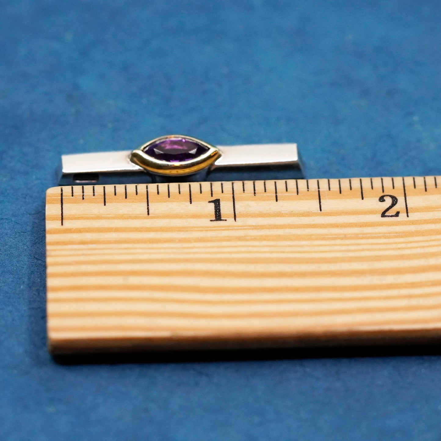 Movado 18K gold accent, sterling 925 silver handmade bar pendant with amethyst