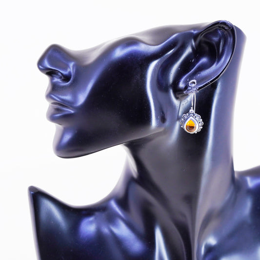 Vintage sterling 925 silver handmade earrings with teardrop Amber
