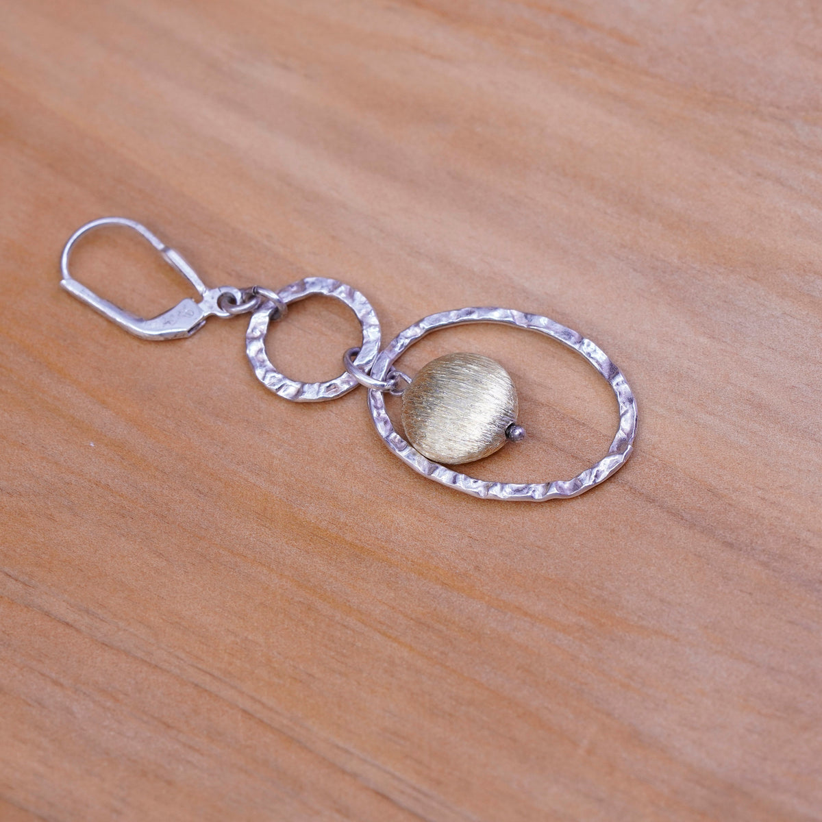 two tone Sterling 925 silver handmade circle earrings with brass bead dangles