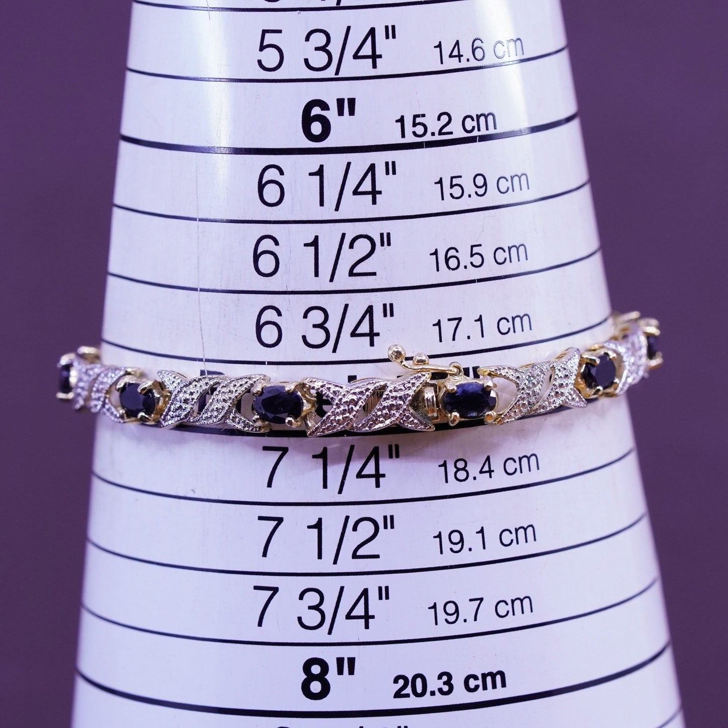 7”, vermeil gold over Sterling silver tennis bracelet with diamond and sapphire