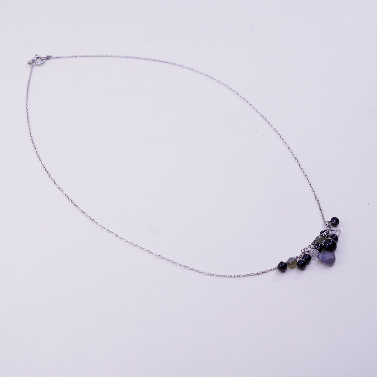 18”, Sterling 925 silver necklace chain cluster labradorite obsidian beads