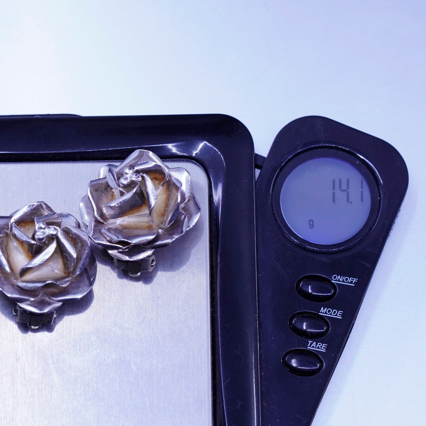 Vintage Mexico Sterling 925 silver handmade earrings, rose flower clip on