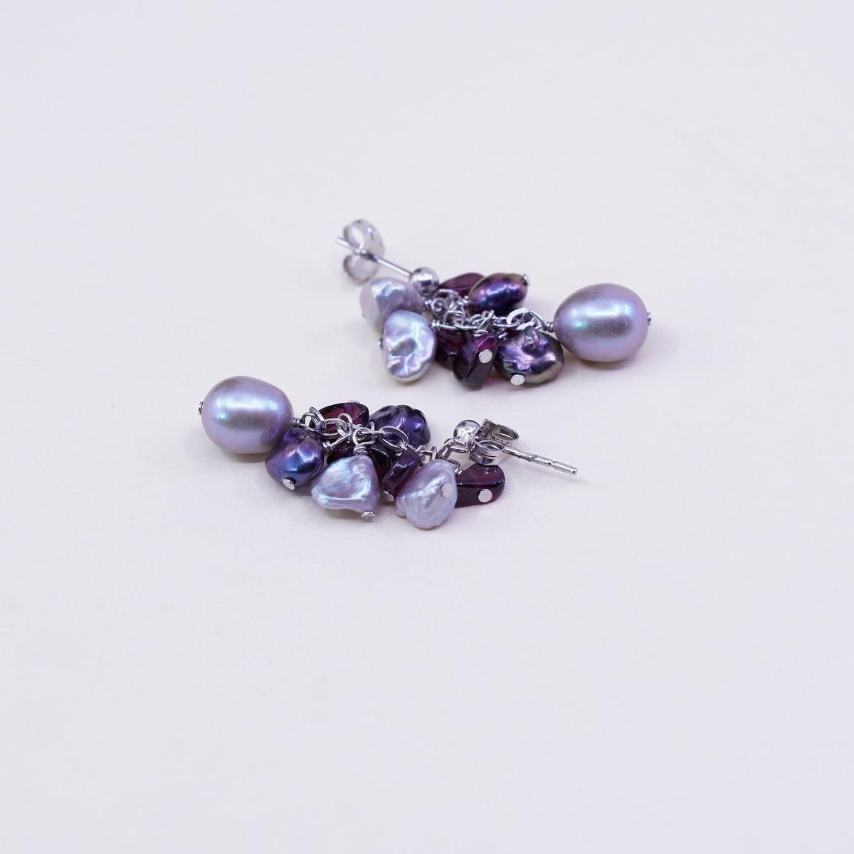 Sterling 925 silver handmade earrings with cluster gray pearl amethyst nuggets
