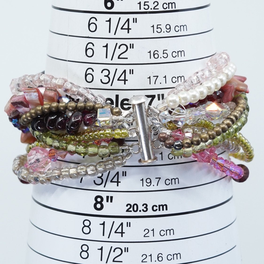 7.25”, vtg sterling silver handmade bracelet, 925 w/ colorful crystal beads