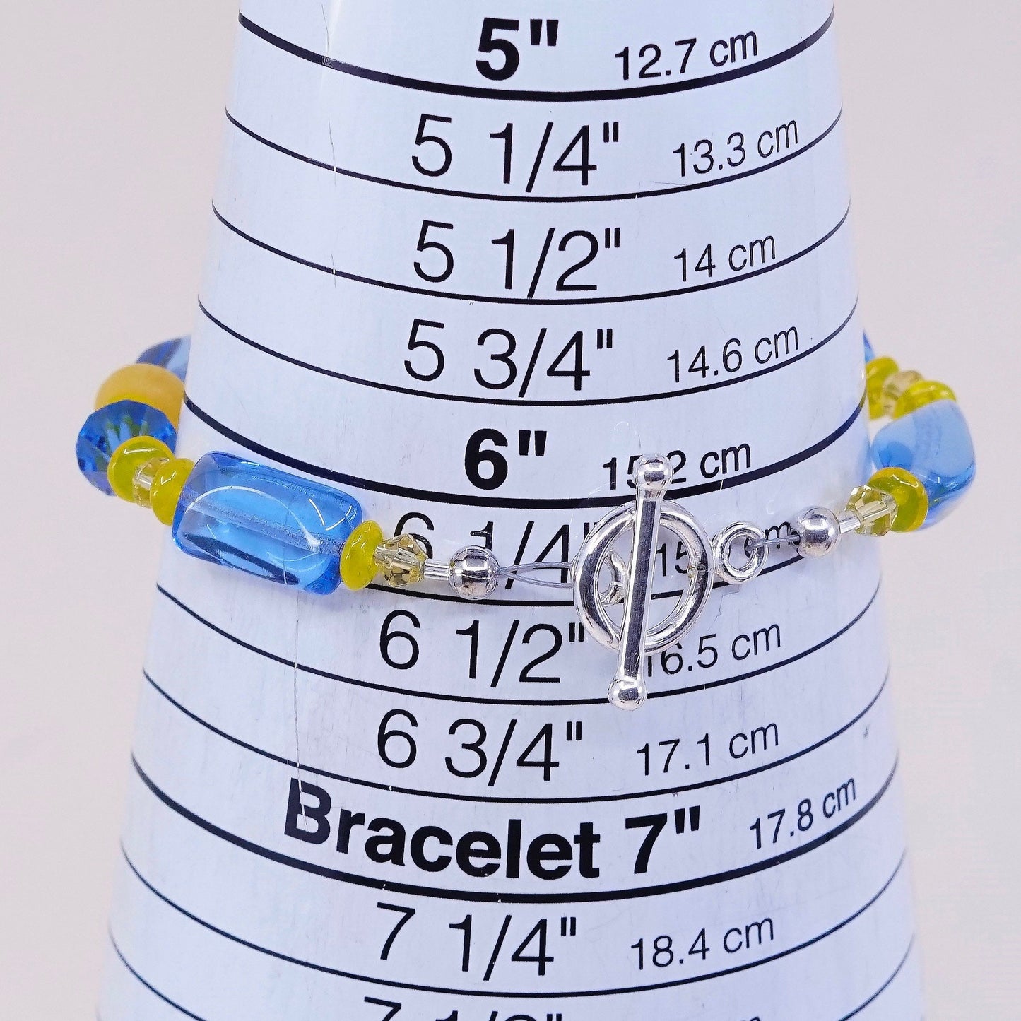 6.25”, vtg 925 Sterling silver beads bracelet w/ artisan blue beads N toggle