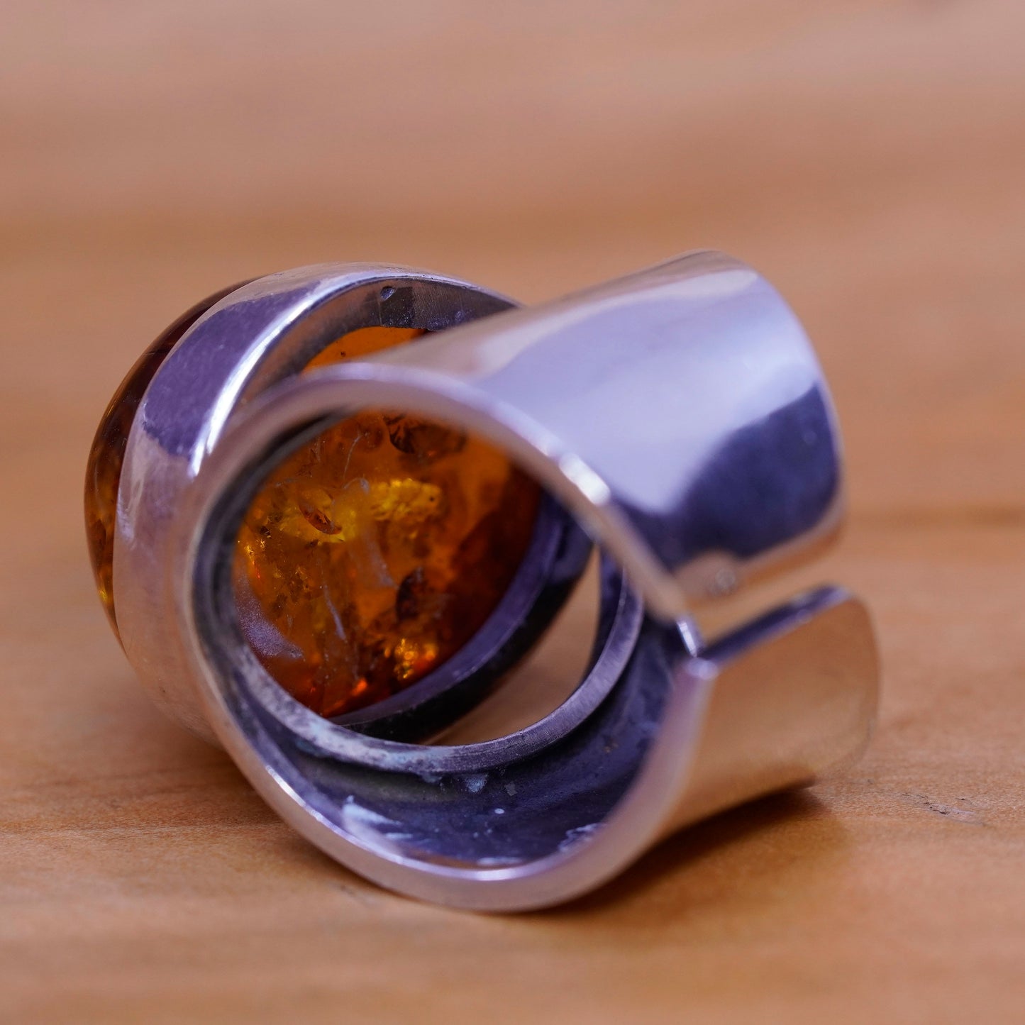 Size 8.5, vintage Sterling 925 silver handmade modern statement ring with amber
