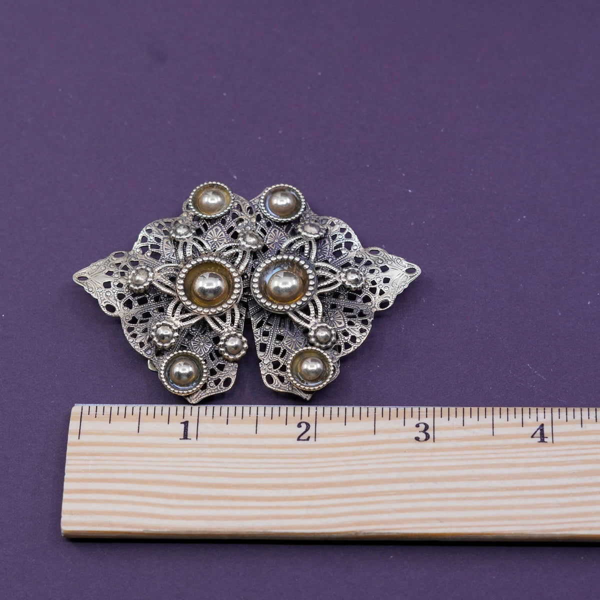 Vintage gold tone filigree belt buckle with beads