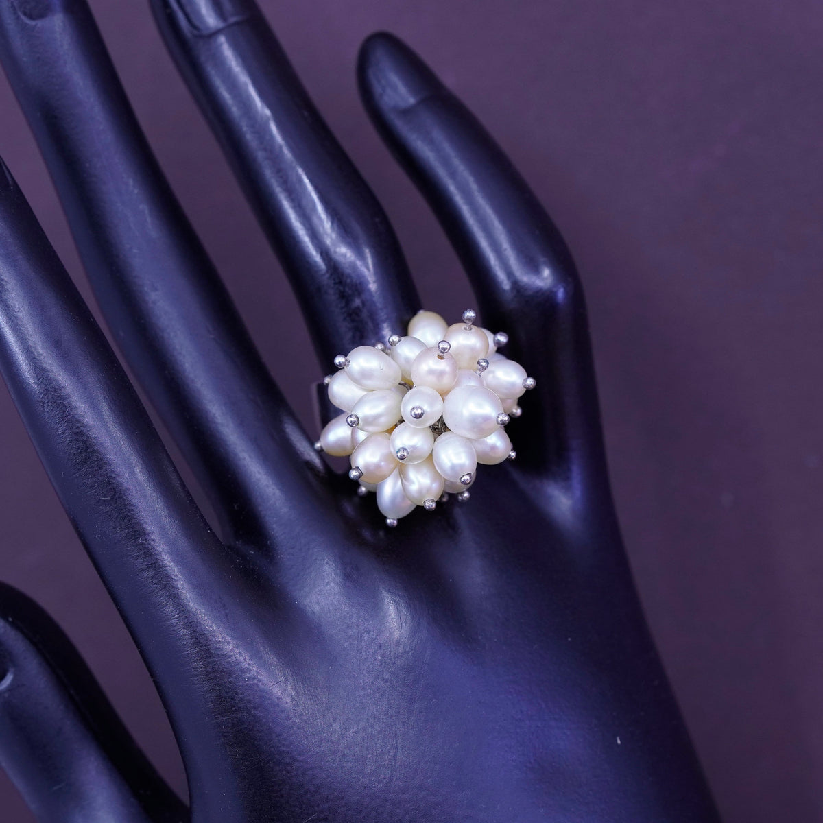 Size 7.25, vintage Sterling 925 silver handmade ring with cluster pearl