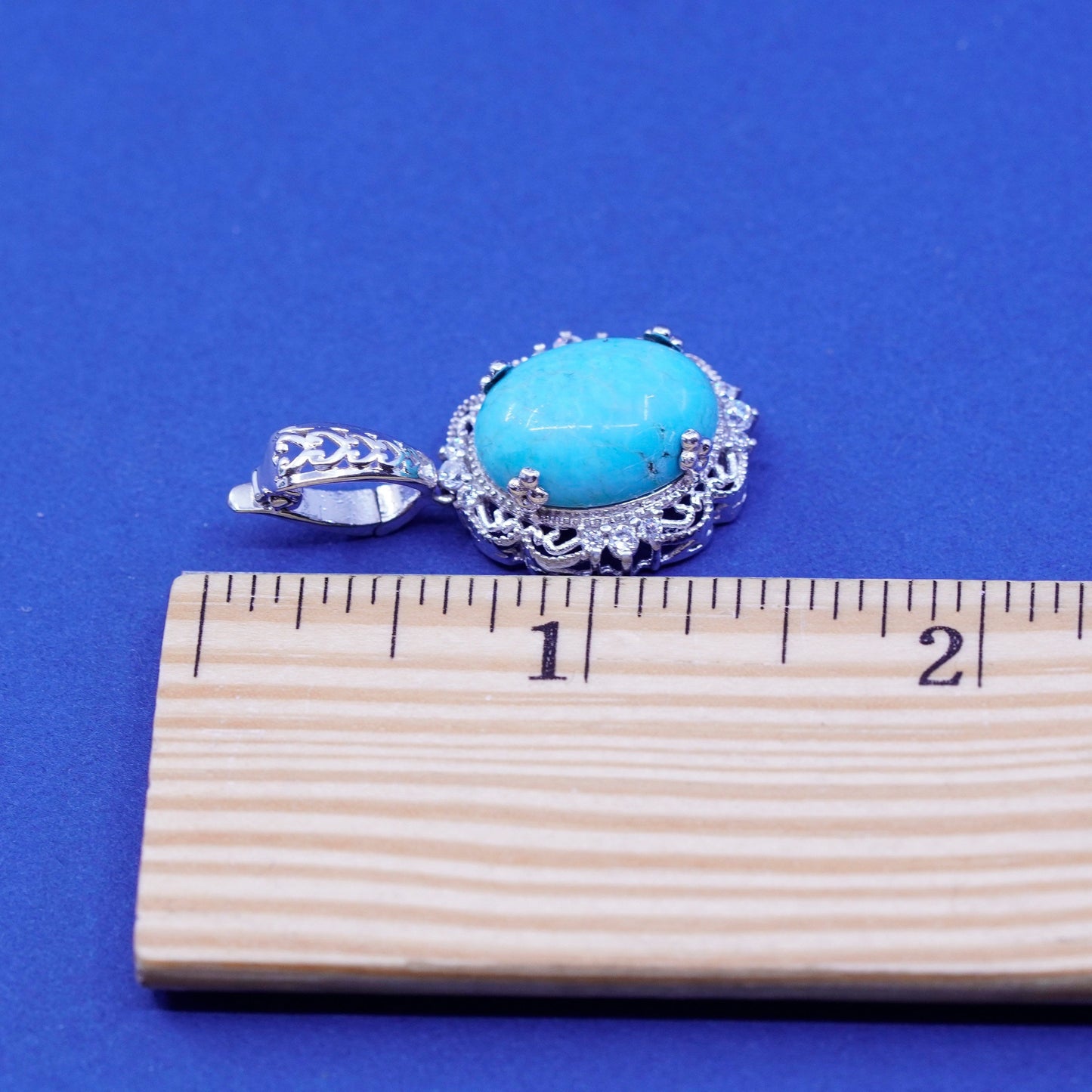 Vintage Karis Peruvian Sterling silver pendant, 925 filigree oval turquoise Cz
