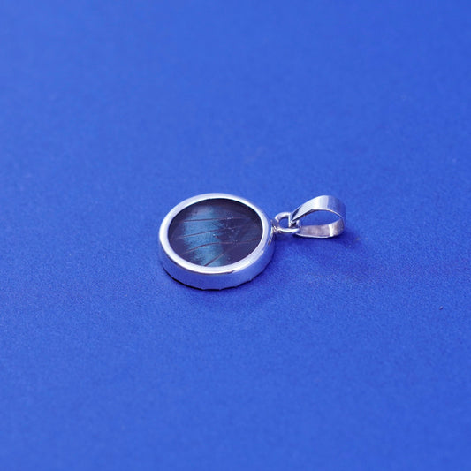 Vintage Sterling 925 silver handmade round pendant w/ resin blue butterfly wing