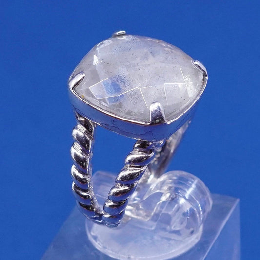 Size 6, vtg Sterling silver handmade ring, 925 w/ checker cut moonstone