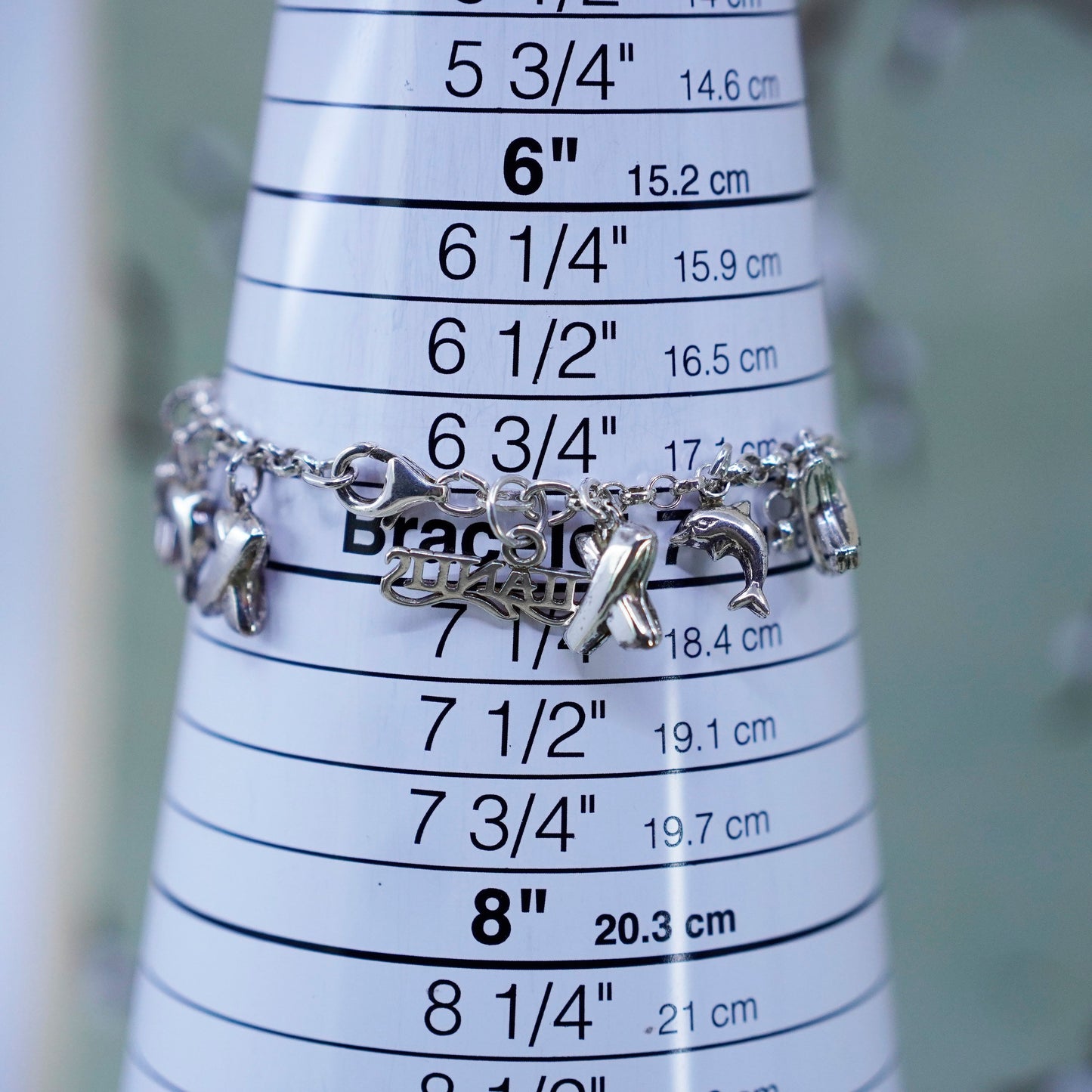 6.75”, vtg sterling silver bar chain, 925 bracelet with cross dolphin charms