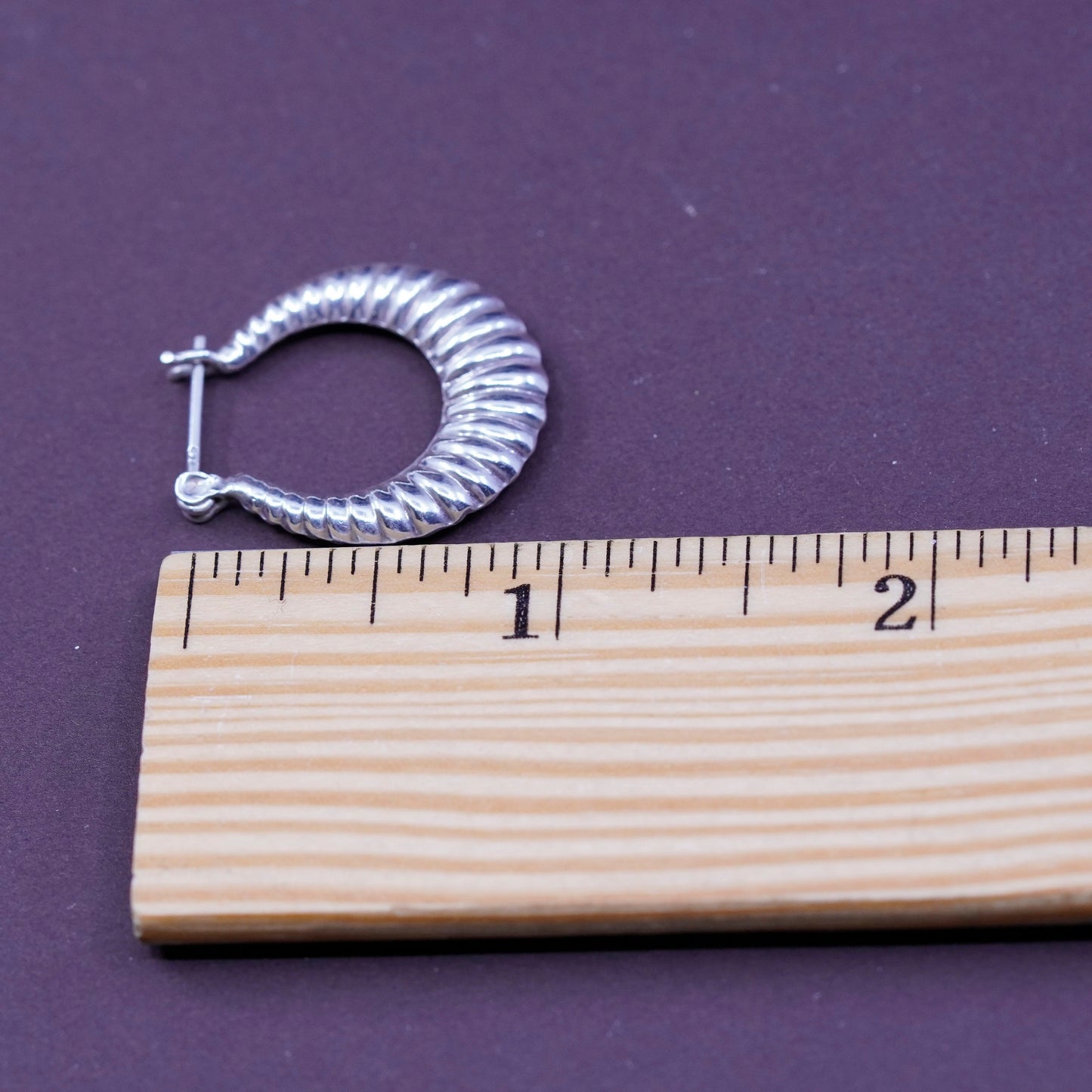 1”, vintage Sterling silver handmade earrings, ribbed hoops Huggie