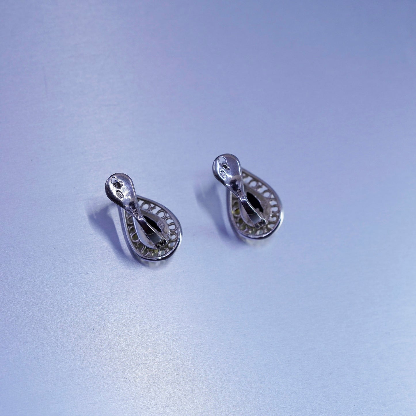 Vintage Sterling 925 silver handmade earrings, filigree studs w/ teardrop Amber