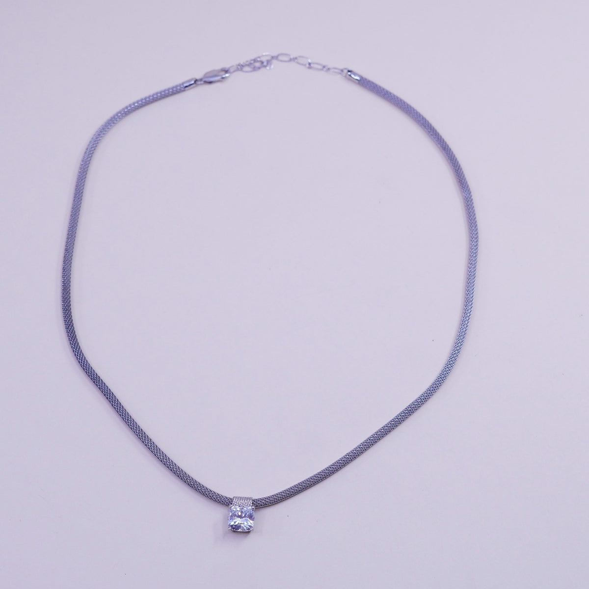 16”, vintage Italy Sterling silver necklace, 925 mesh chain with cz pendant