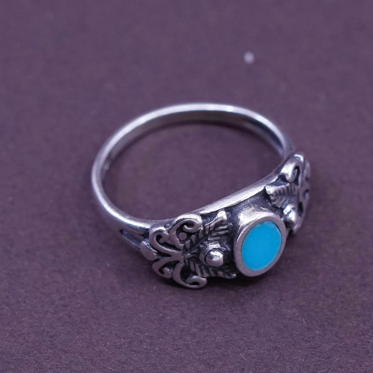 Size 1.5, vtg Sterling 925 silver handmade ring w/ turquoise N filigree flower