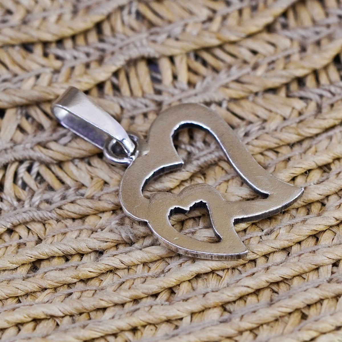 Vintage Sterling silver handmade pendant, 925 double heart charm