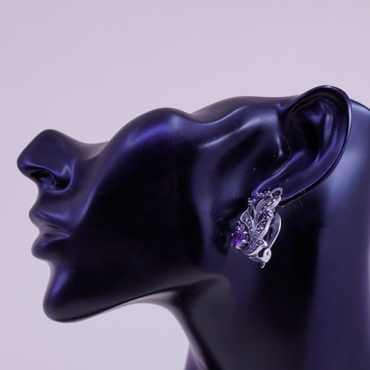 Vintage Sterling 925 silver handmade leafy clip on earrings amethyst Marcasite