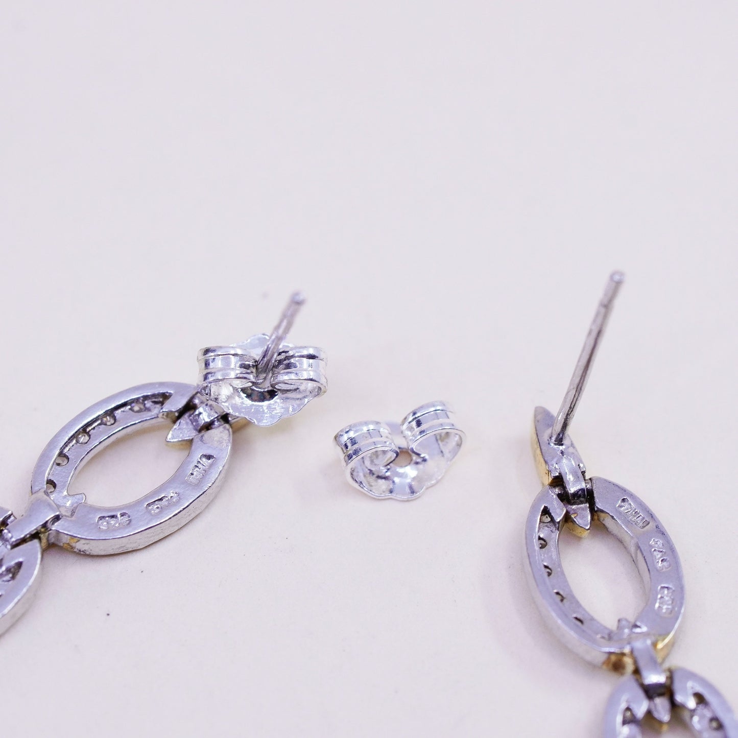 Vintage sterling 925 silver handmade oval earrings with round CZ