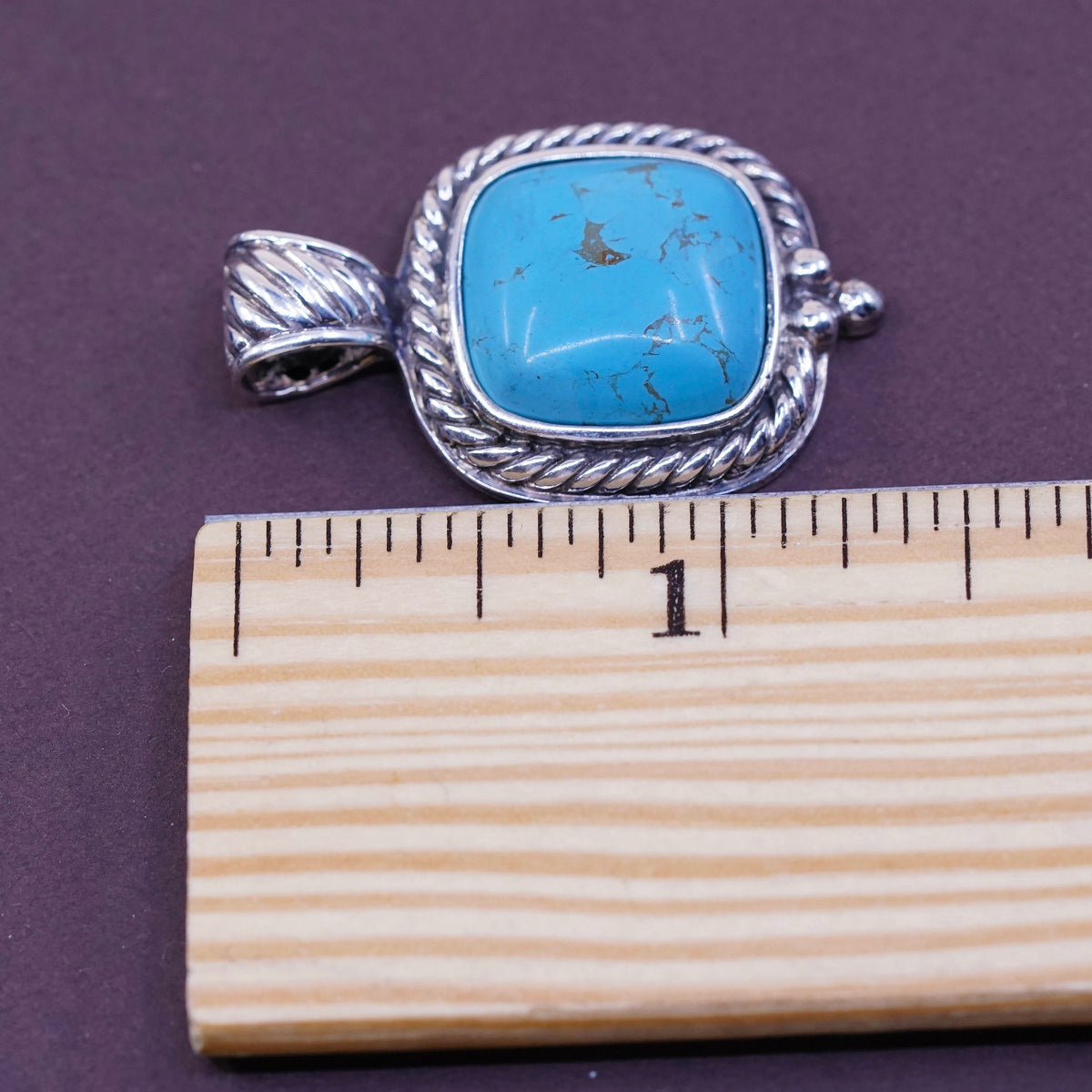 GSN Sterling silver handmade square pendant, Mexico 925 w/ turquoise N cable