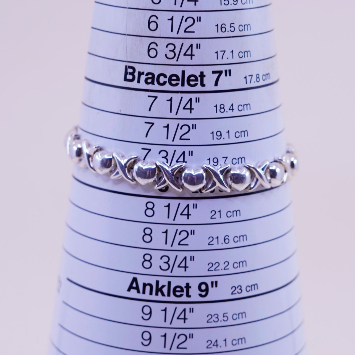 8”, Vintage sterling silver tennis bracelet, 925 heart XOXO link chain