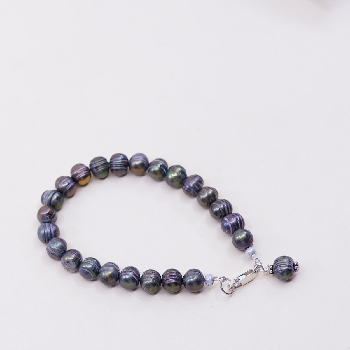 7”, Vintage handmade bracelet, black pearl beads with 925 sterling silver clasp