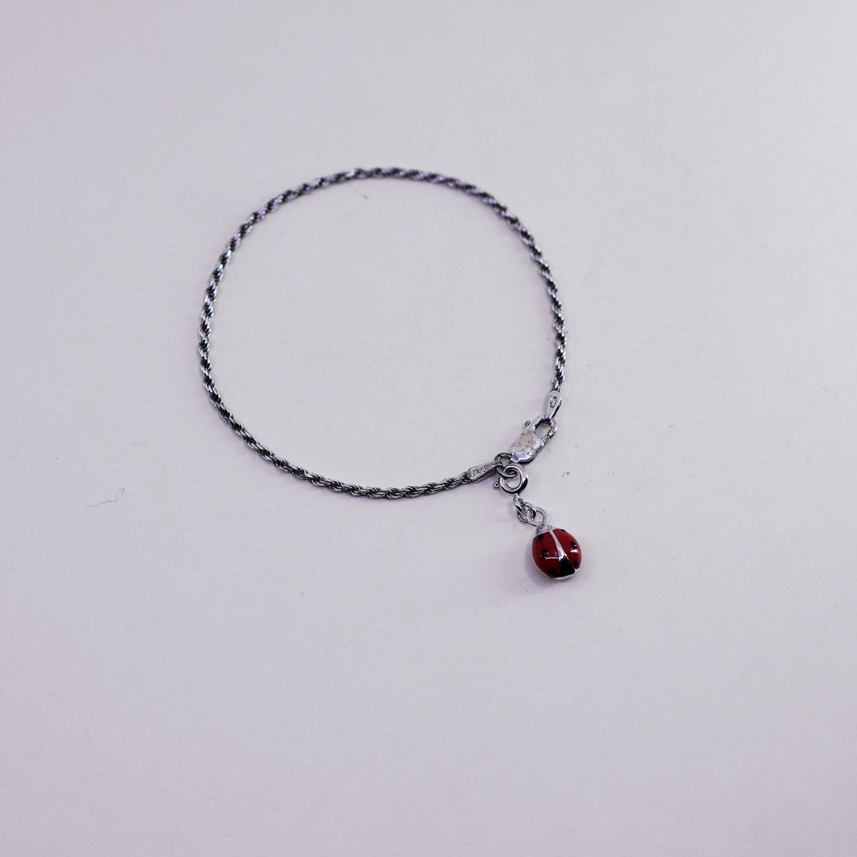 6.75”, sterling silver bracelet, Italy 925 rope chain enamel lady bug charm