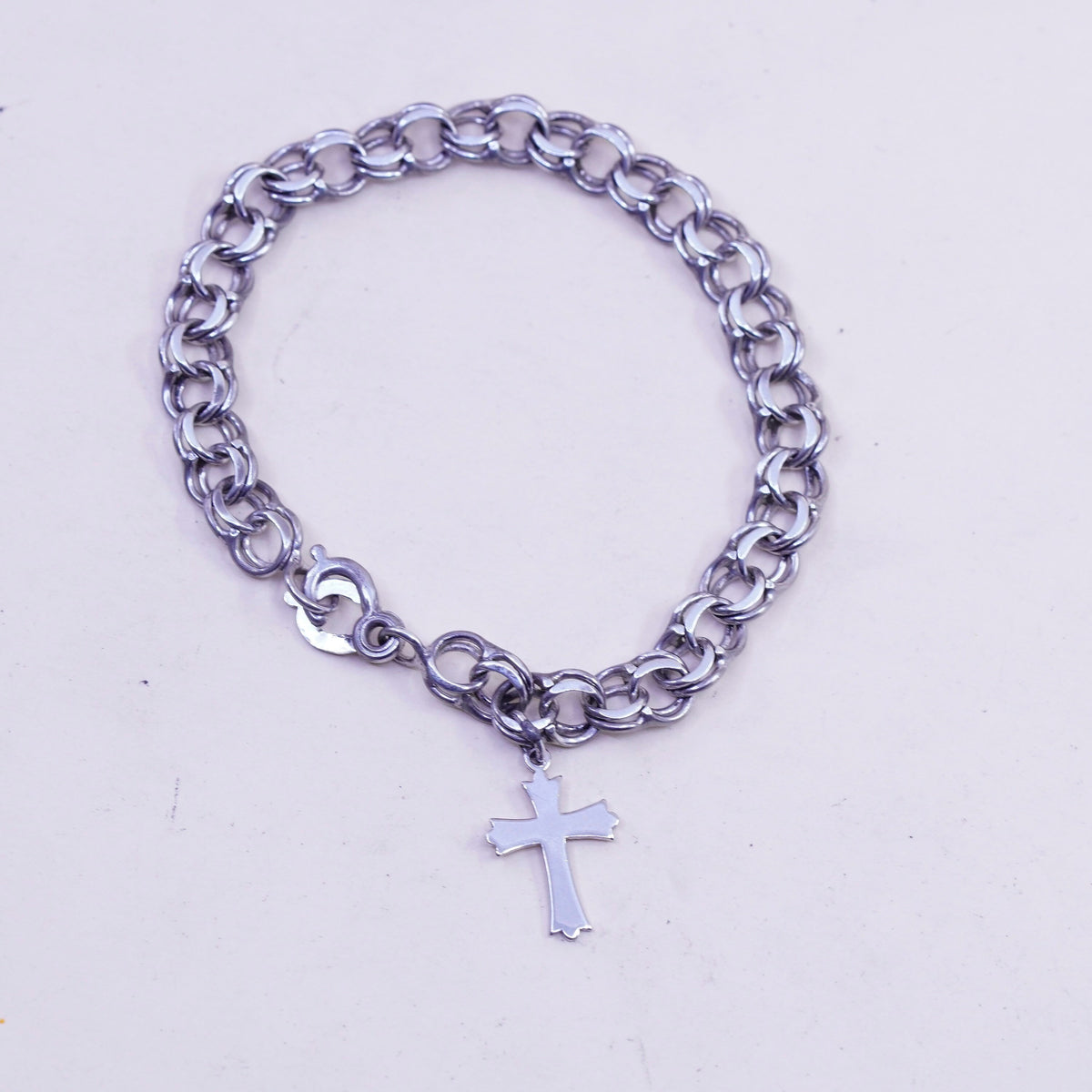 7.25”, 8mm, Vintage sterling silver double curb chain, 925 bracelet cross charm