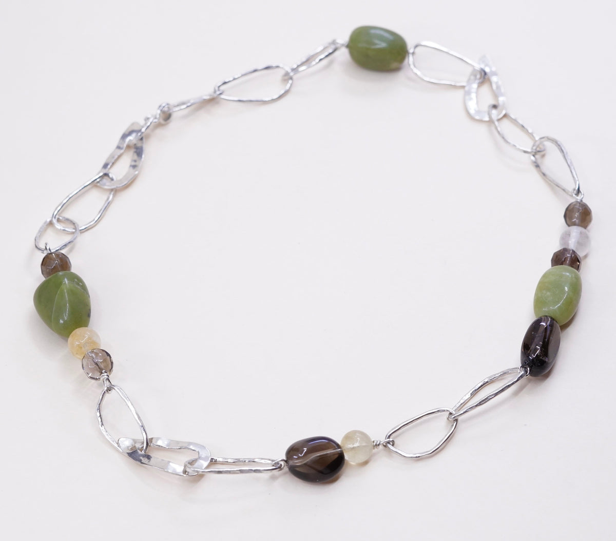 17”, vtg Sterling silver handmade necklace, 925 link chain w/ jade N topaz