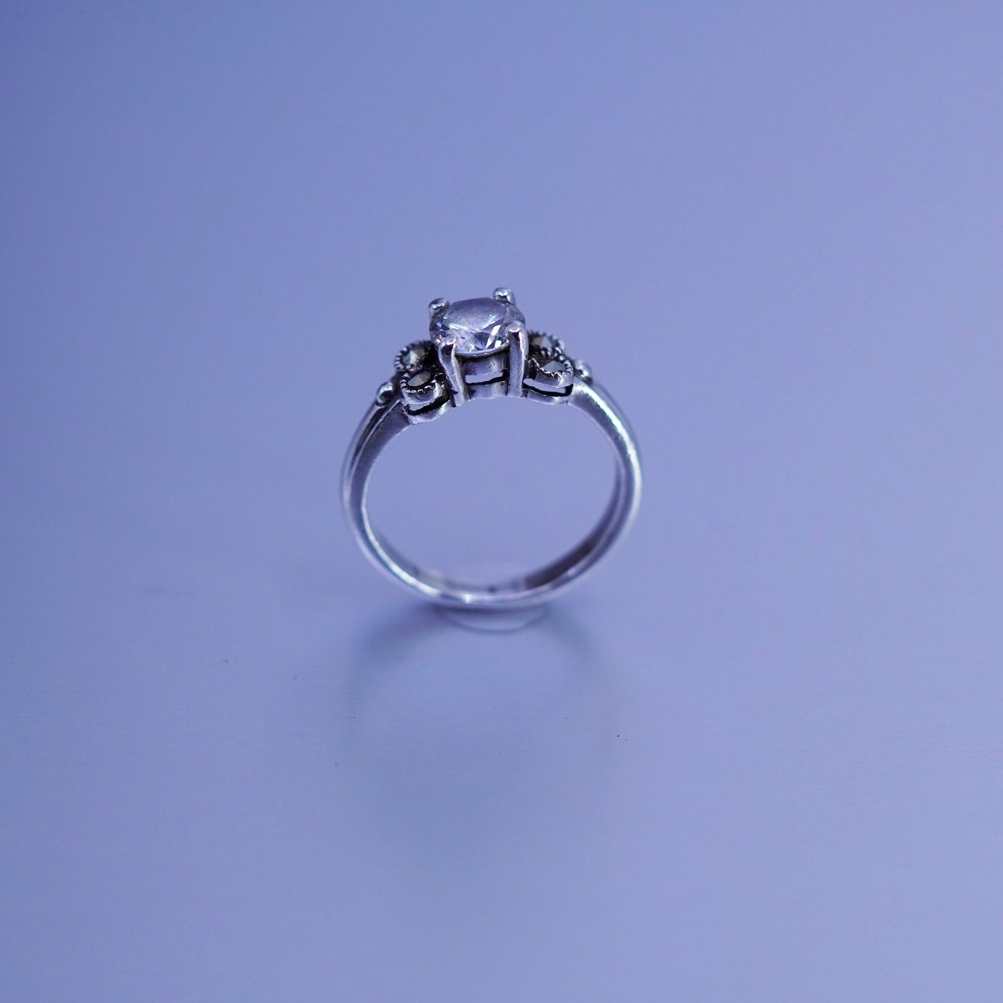 Size 7, vtg Sterling 925 silver handmade engagement ring with Cz and marcasite