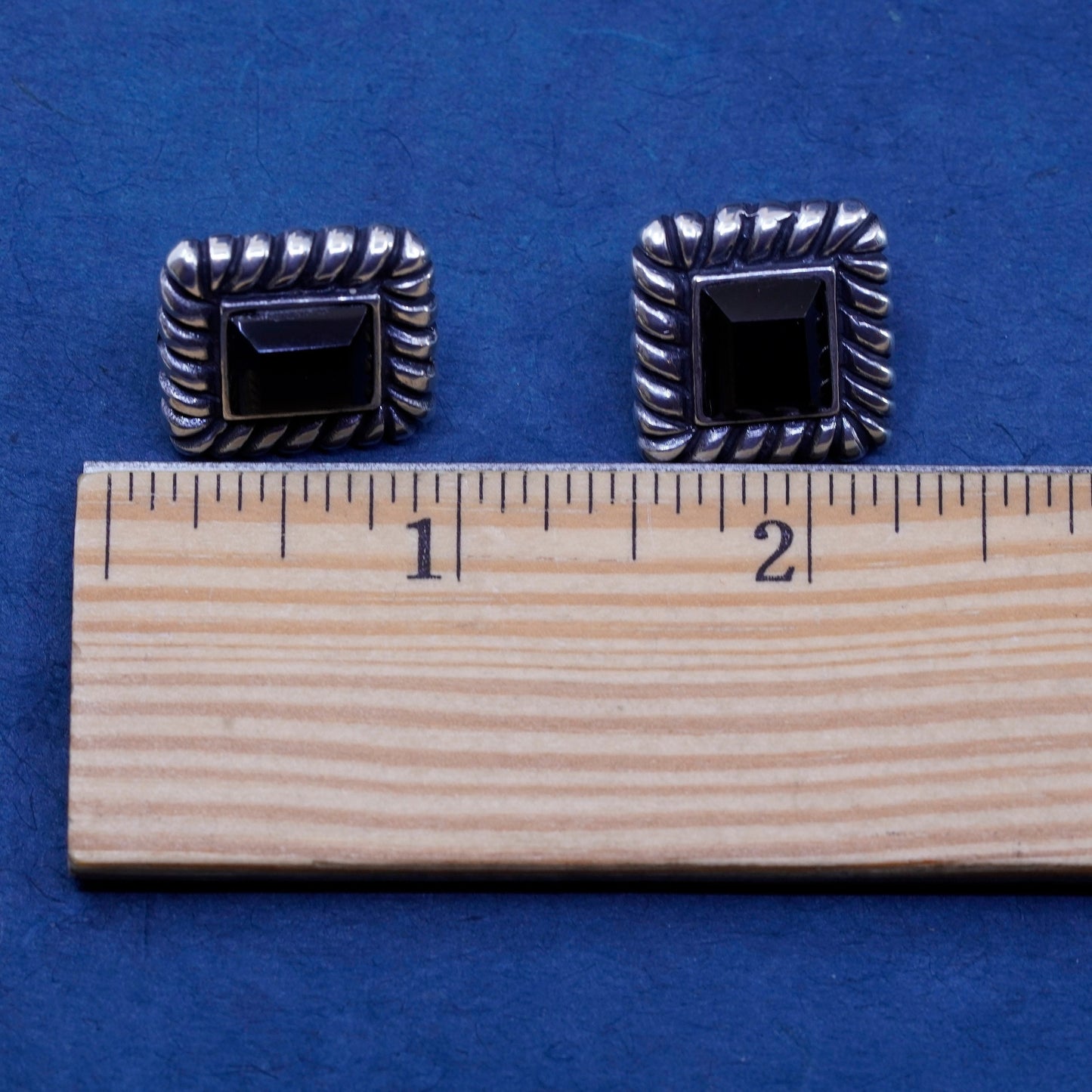 Vintage sterling silver handmade earrings, 925 square studs with garnet cable