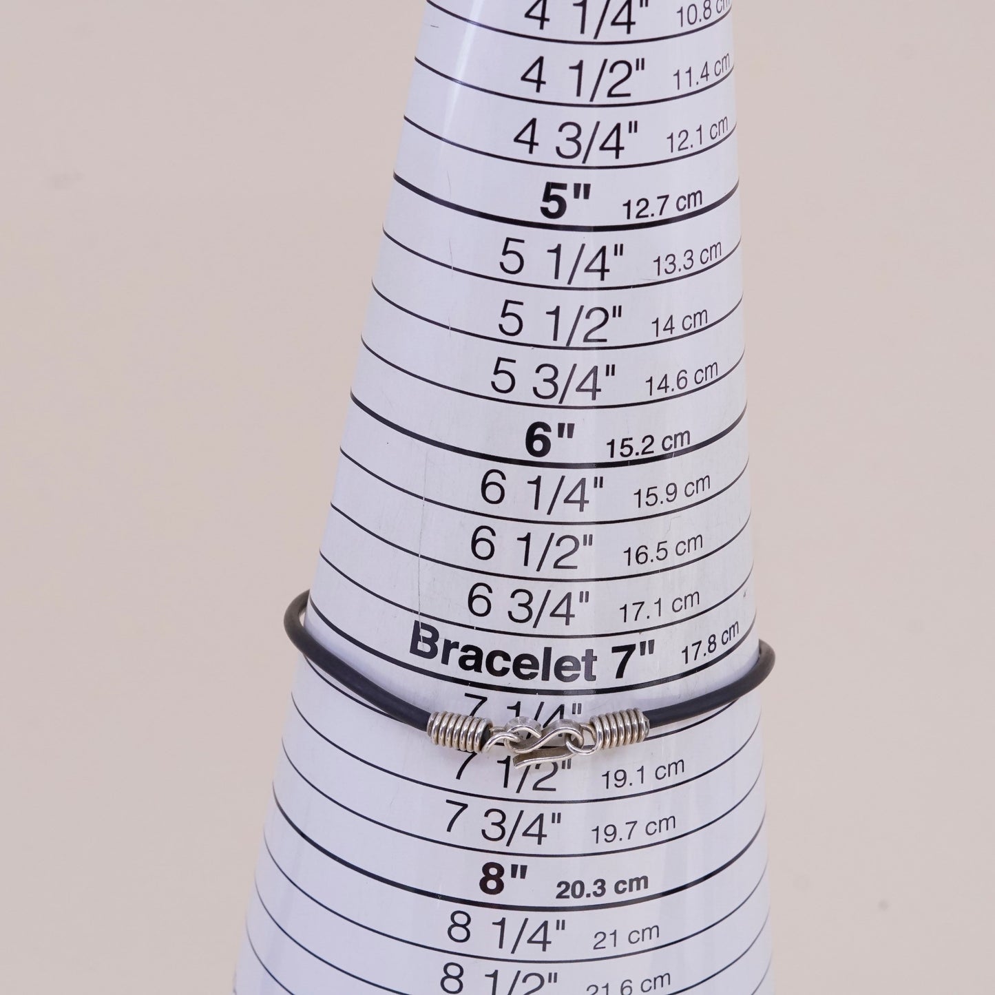 7.25”, Vintage black rubber chain with sterling 925 silver bar