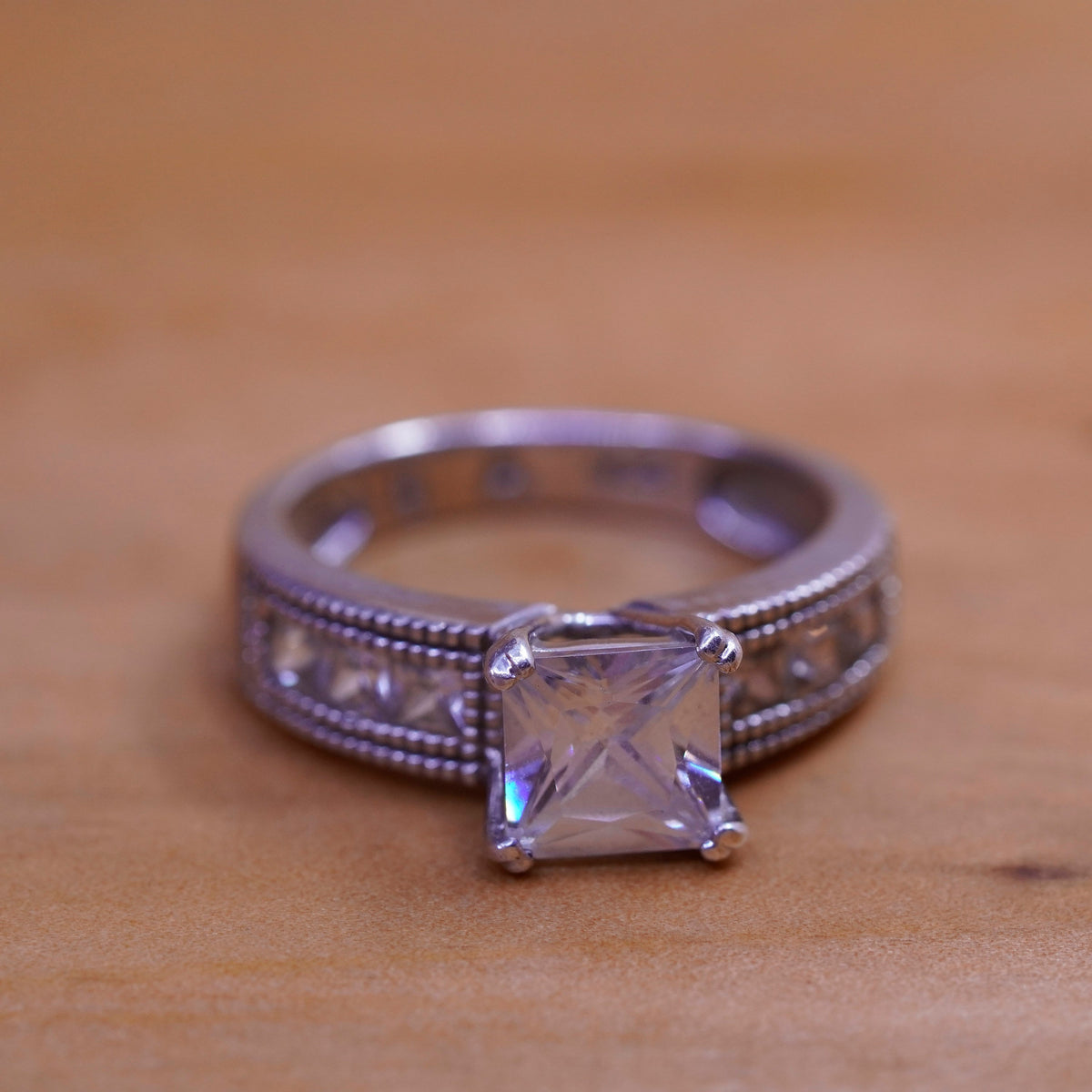 Size 6.75, vintage Sterling 925 silver engagement ring with cluster cz
