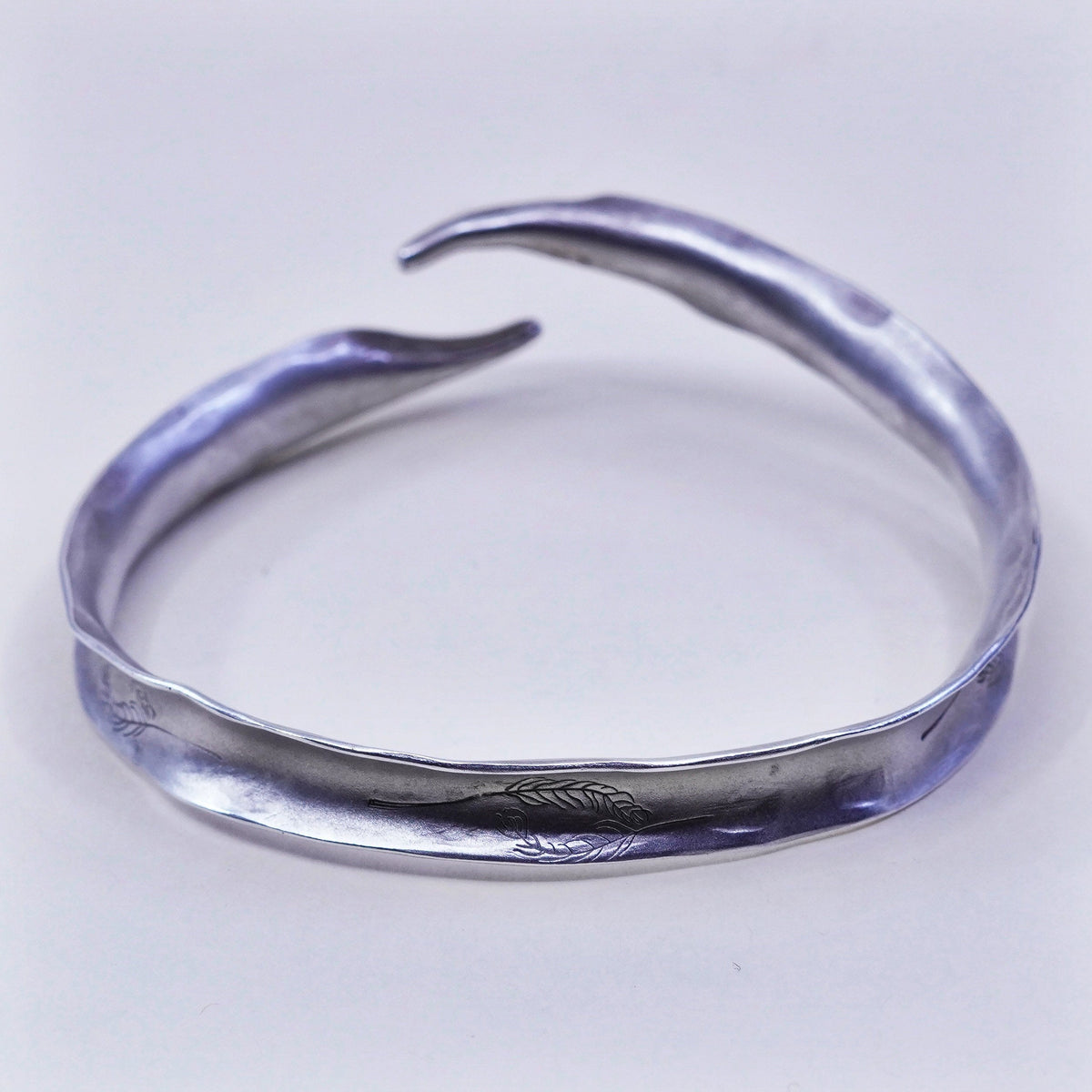 7”, sterling silver contemporary handmade bracelet, matted 925 wrap leafy cuff