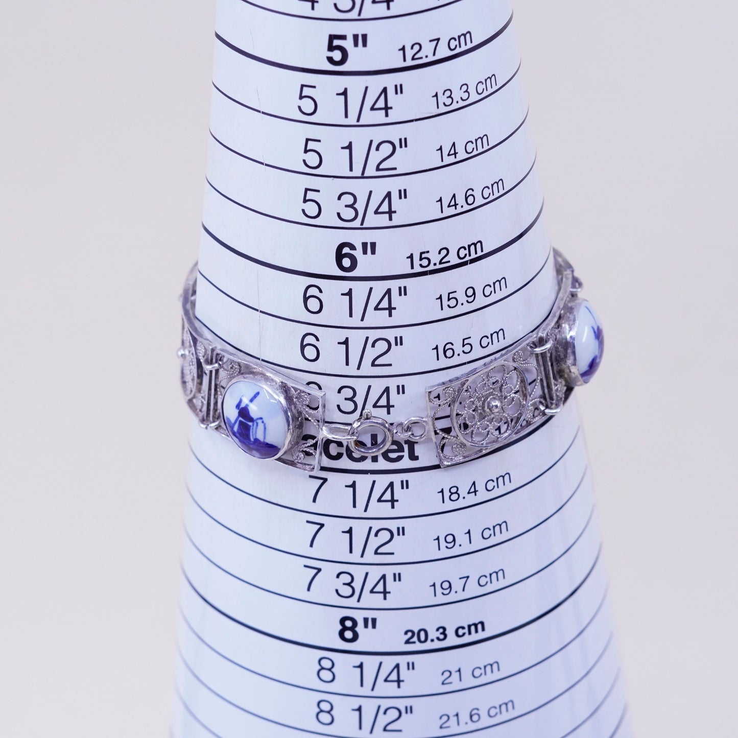 vtg Holland Delft Blue Windmill .925 Sterling Silver Bezel filigree bracelet