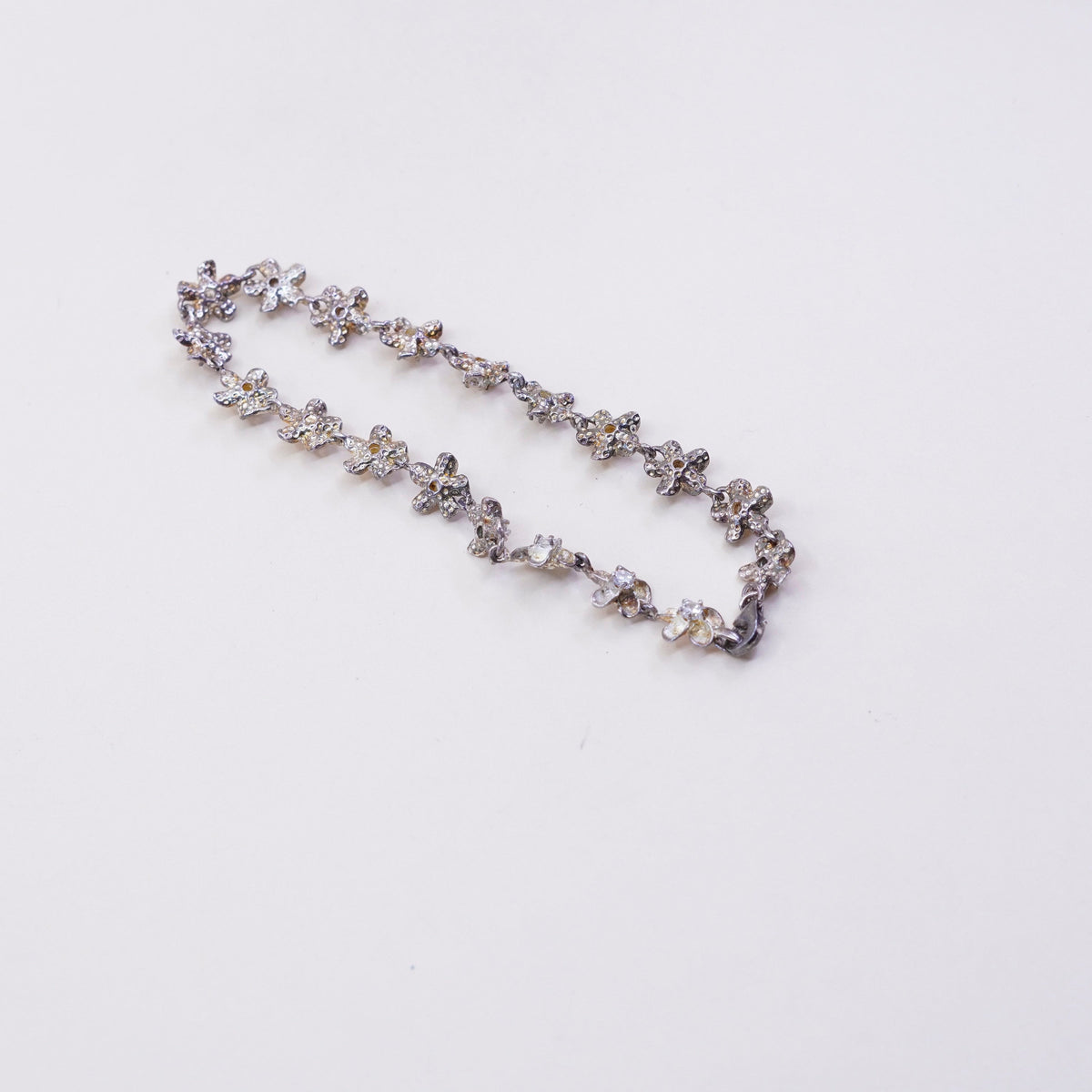 7.5”, Vintage sterling silver bracelet, 925 flowers with Cz, handmade jewelry