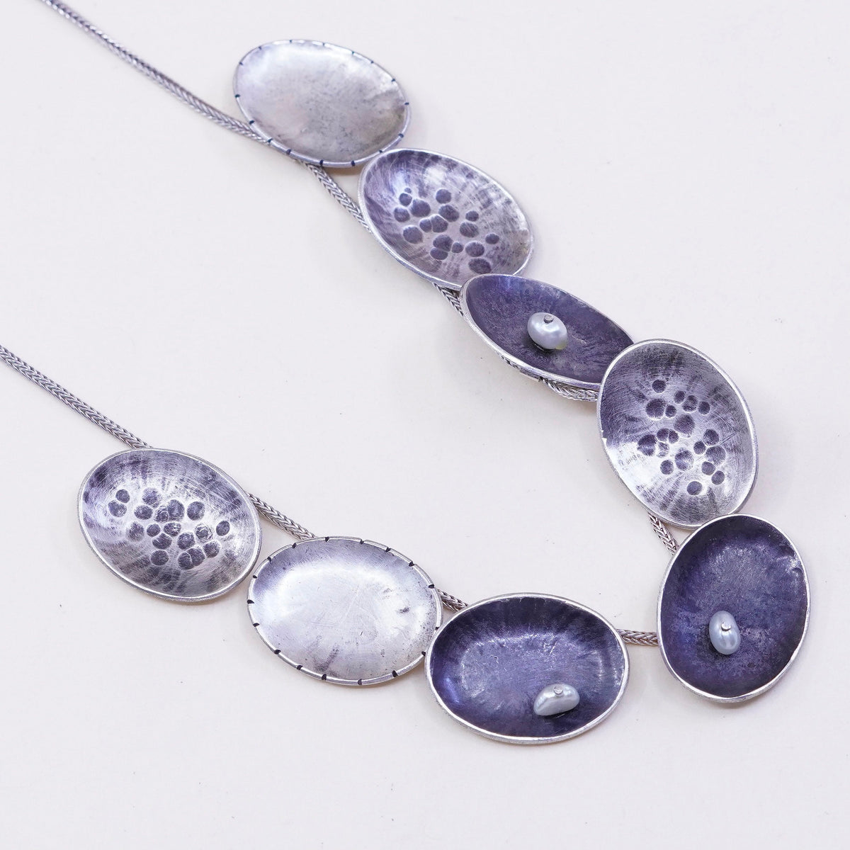 17”, vtg handmade Sterling 925 silver wheat chain with disc pendant and pearl