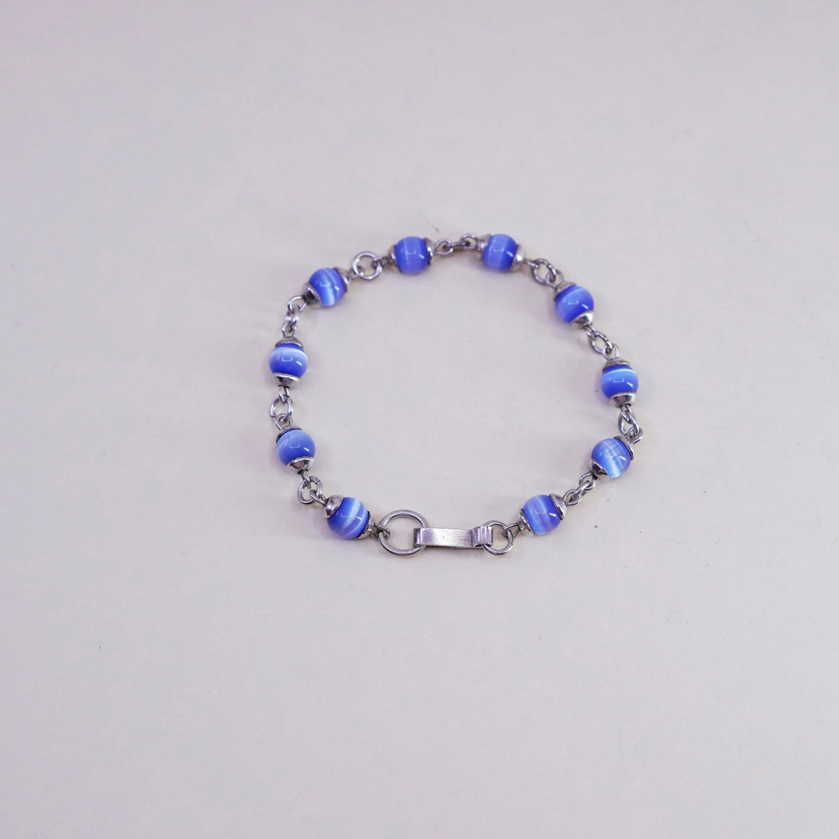 6”, Vintage Mexico sterling silver bracelet, 925 beads with blue cats eye