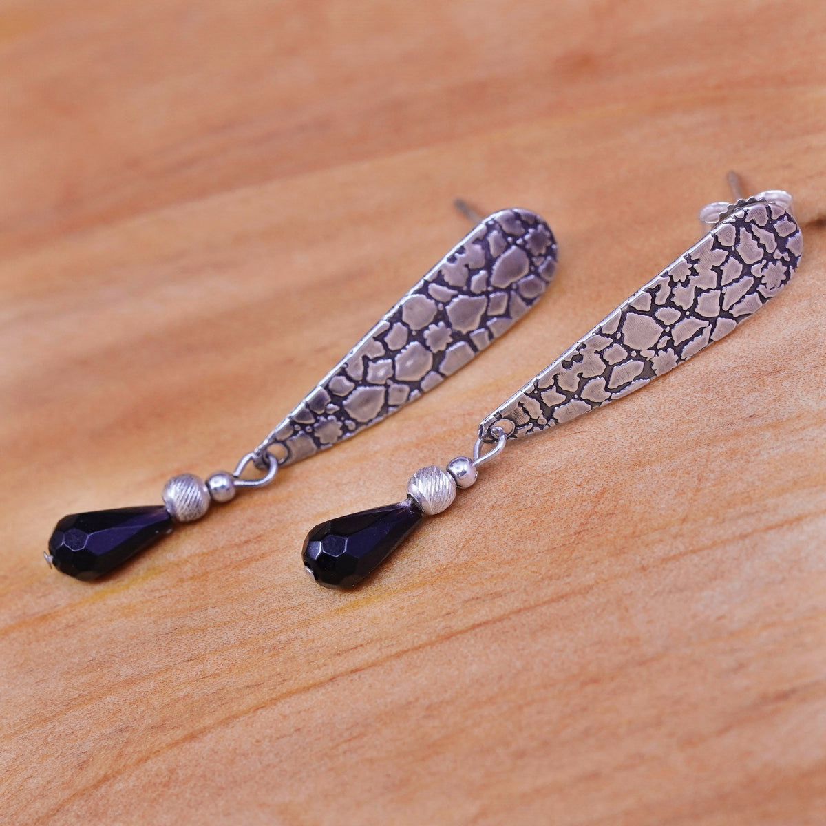 sterling 925 silver handmade textured earrings, with teardrop obsidian beads