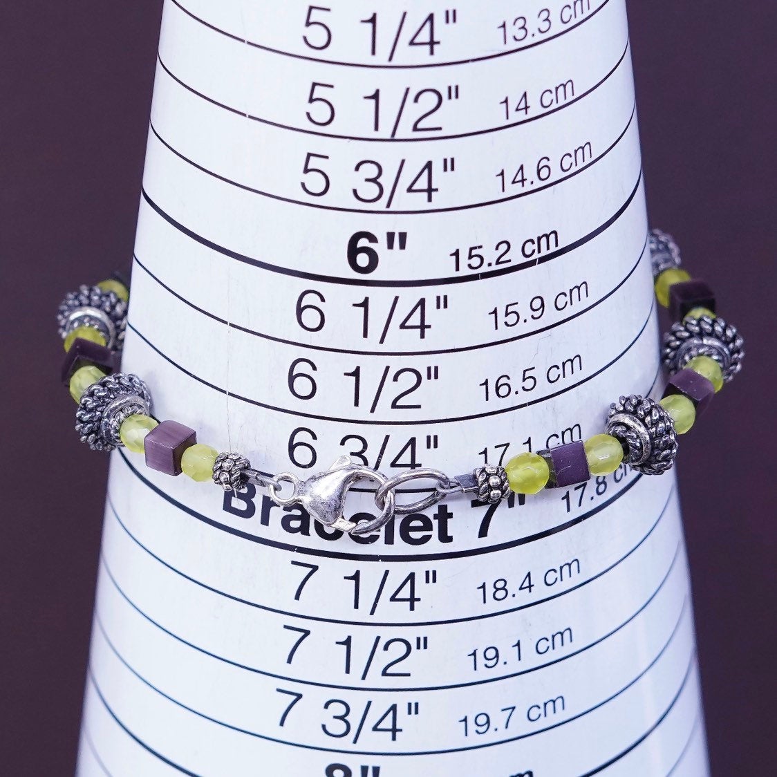 7", Sterling 925 silver bracelet w/ peridot N golden tiger eye beads bracelet