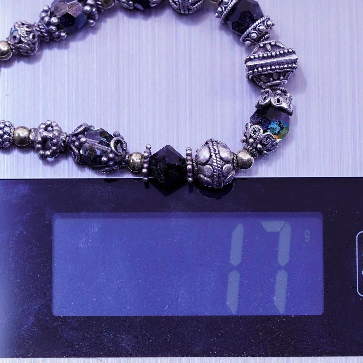 6.75”, vtg Sterling 925 silver handmade Bali bracelet, 14K gold beads crystal