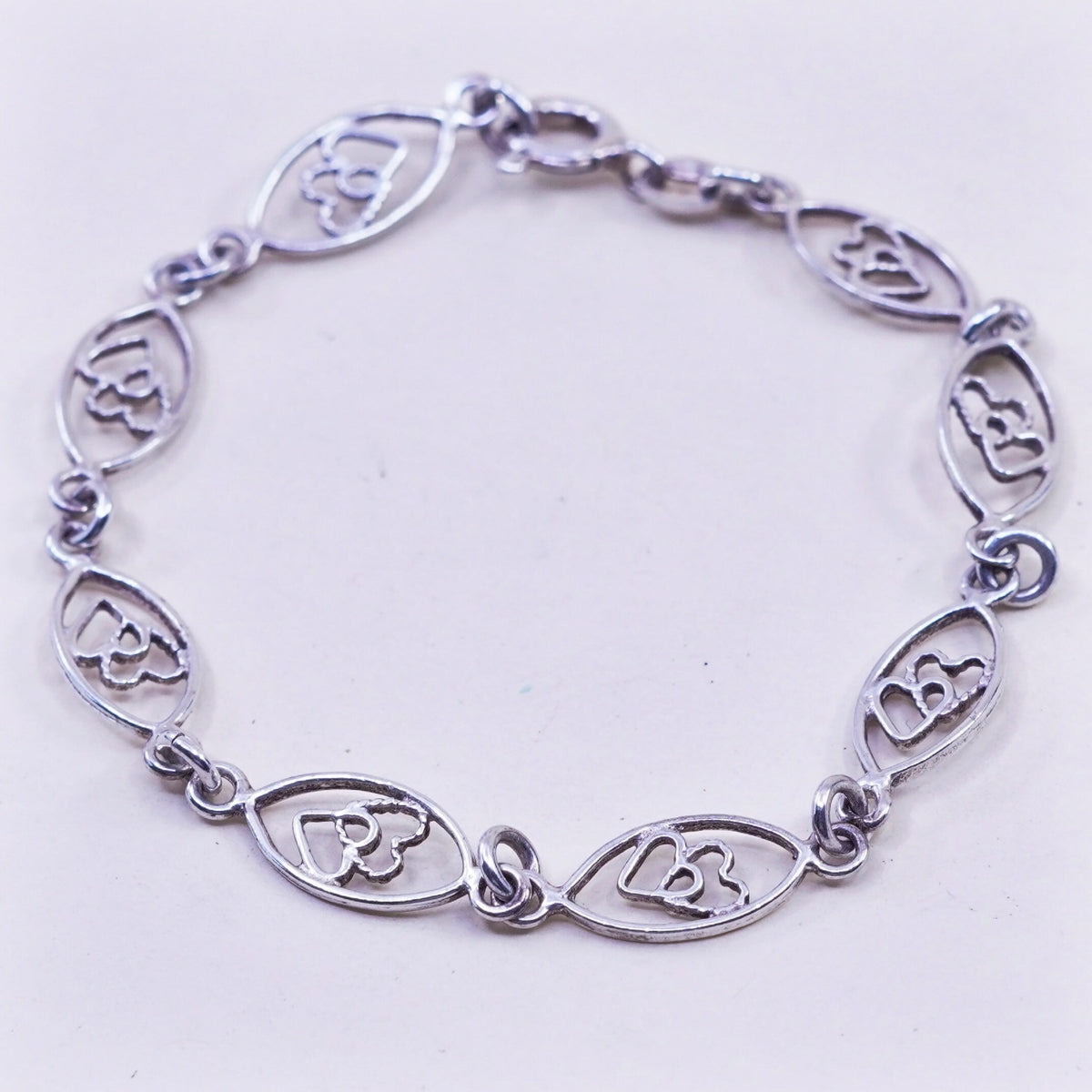 6.5”, Vintage sterling silver double heart chain, handmade 925 bracelet