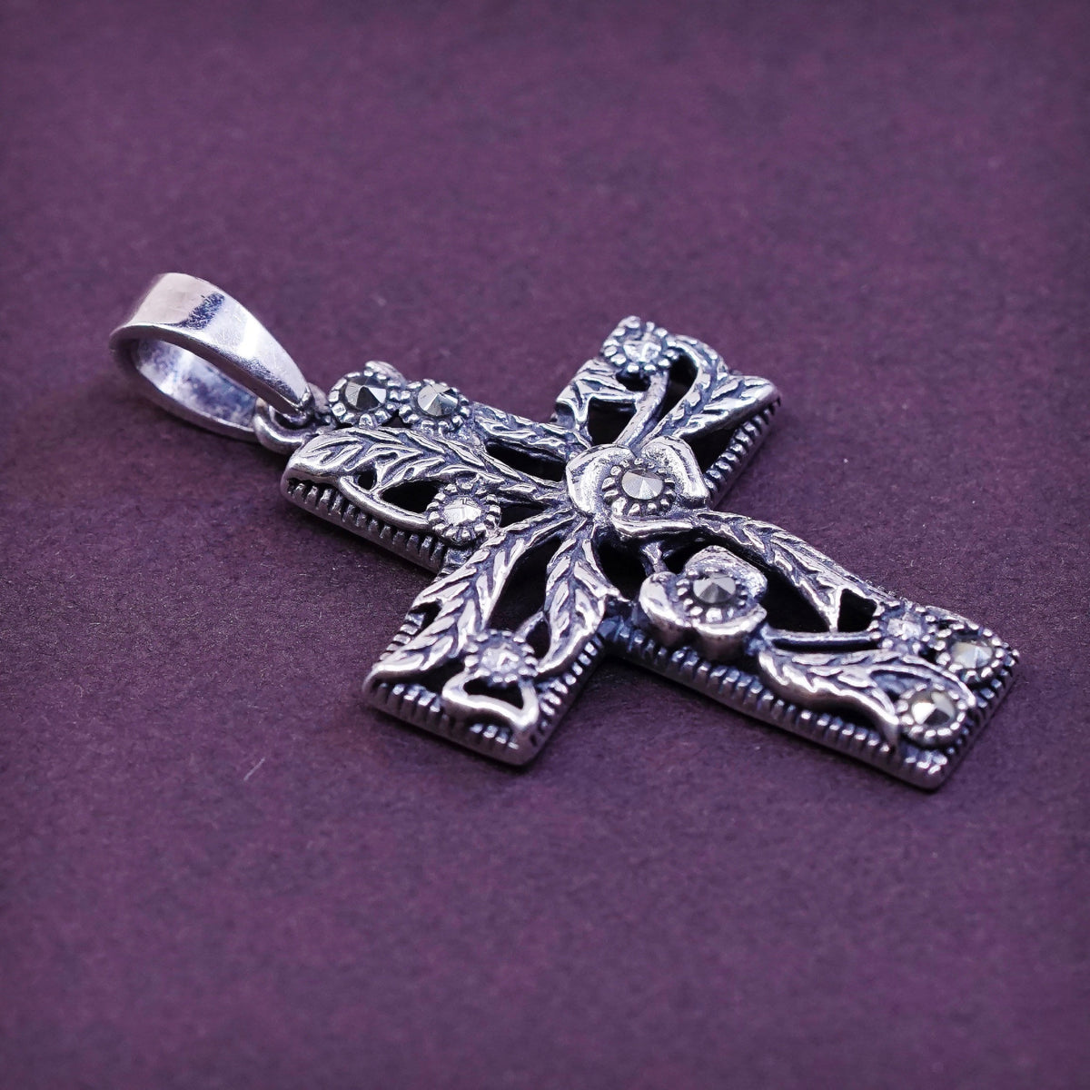 Sterling silver handmade pendant, 925 cross w/ marcasite details