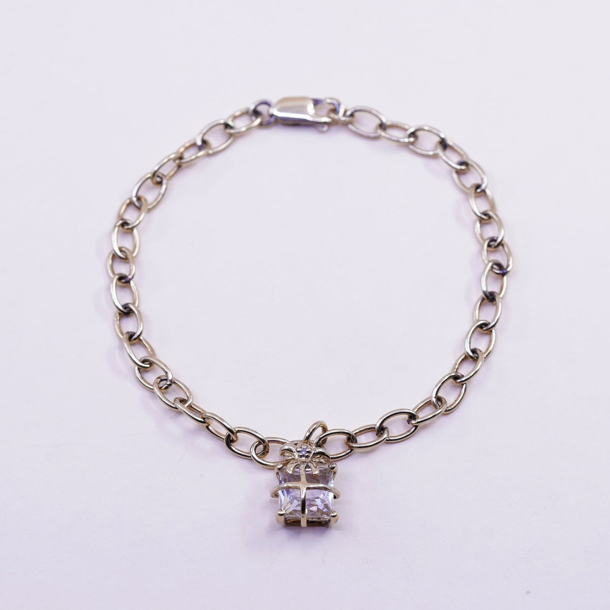 7.5”, vtg Vermeil gold over Sterling silver circle chain bracelet box charm cz