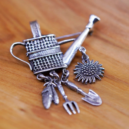 Vintage Mexico sterling 925 silver watering pot brooch with flower shovel corn