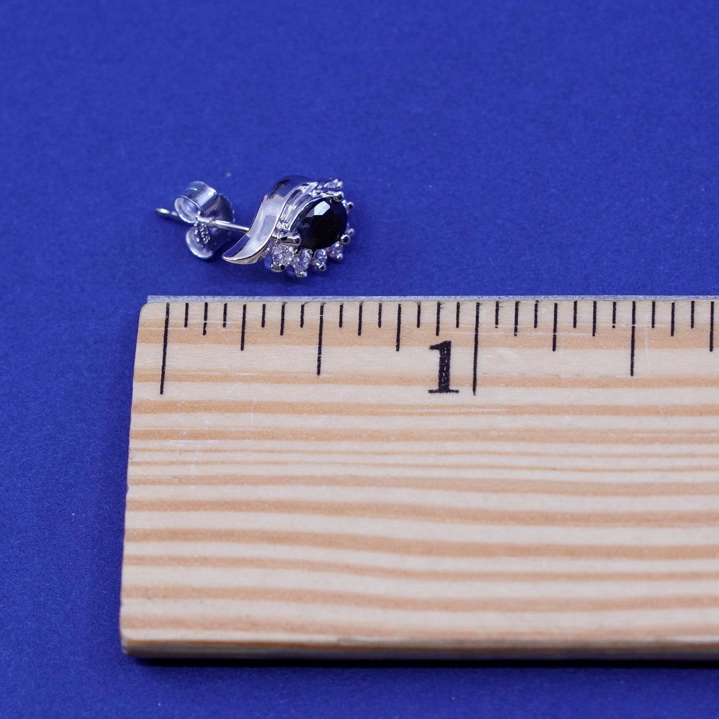 vtg sterling silver handmade earrings, 925 studs with cluster Cz and sapphire