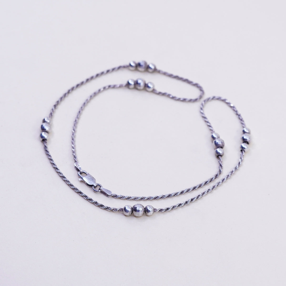 18” 1.6mm, vintage sterling silver necklace, 925 rope chain with beads
