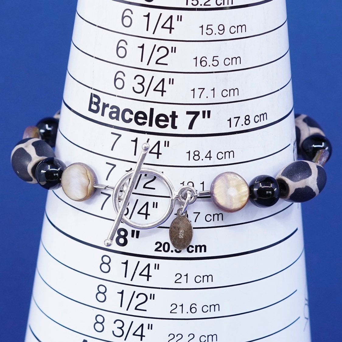 7.75", handmade sterling silver bracelet, 925 toggle w/ nut N obsidian beads